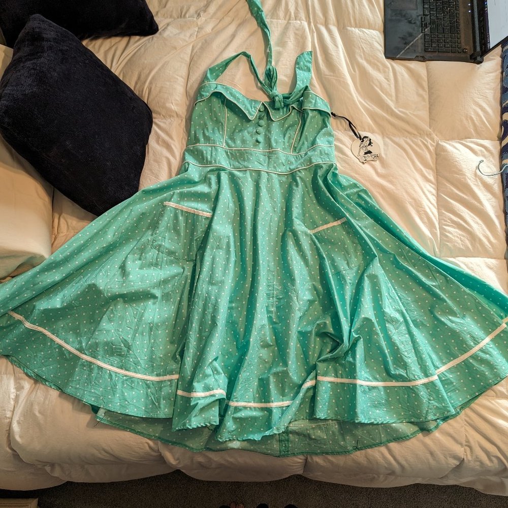 Hell Bunny Vixen Mint Polka Dot Halter Dress 2XL